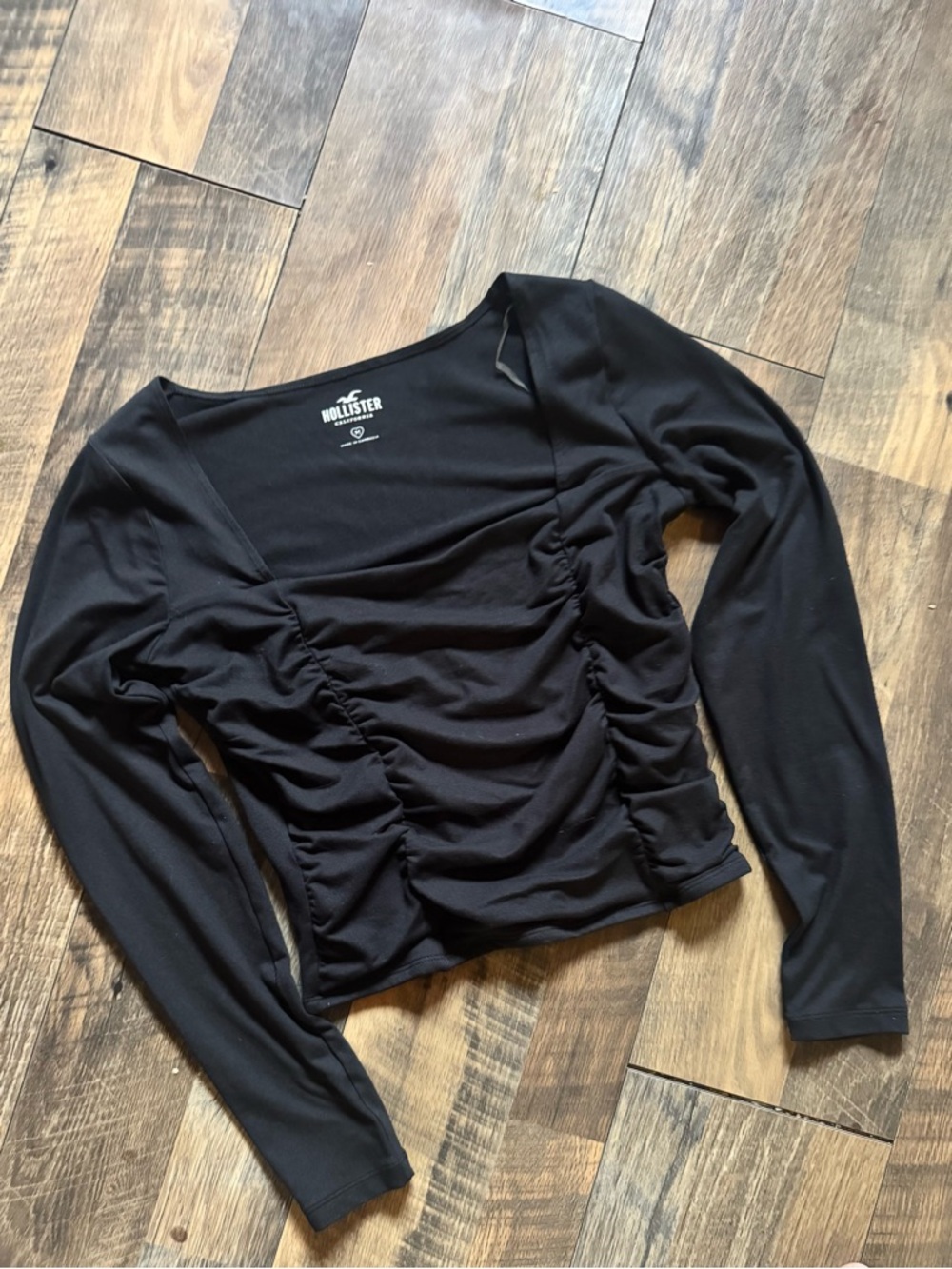 Hollister Black Ruched Square Neck Long Sleeve Top